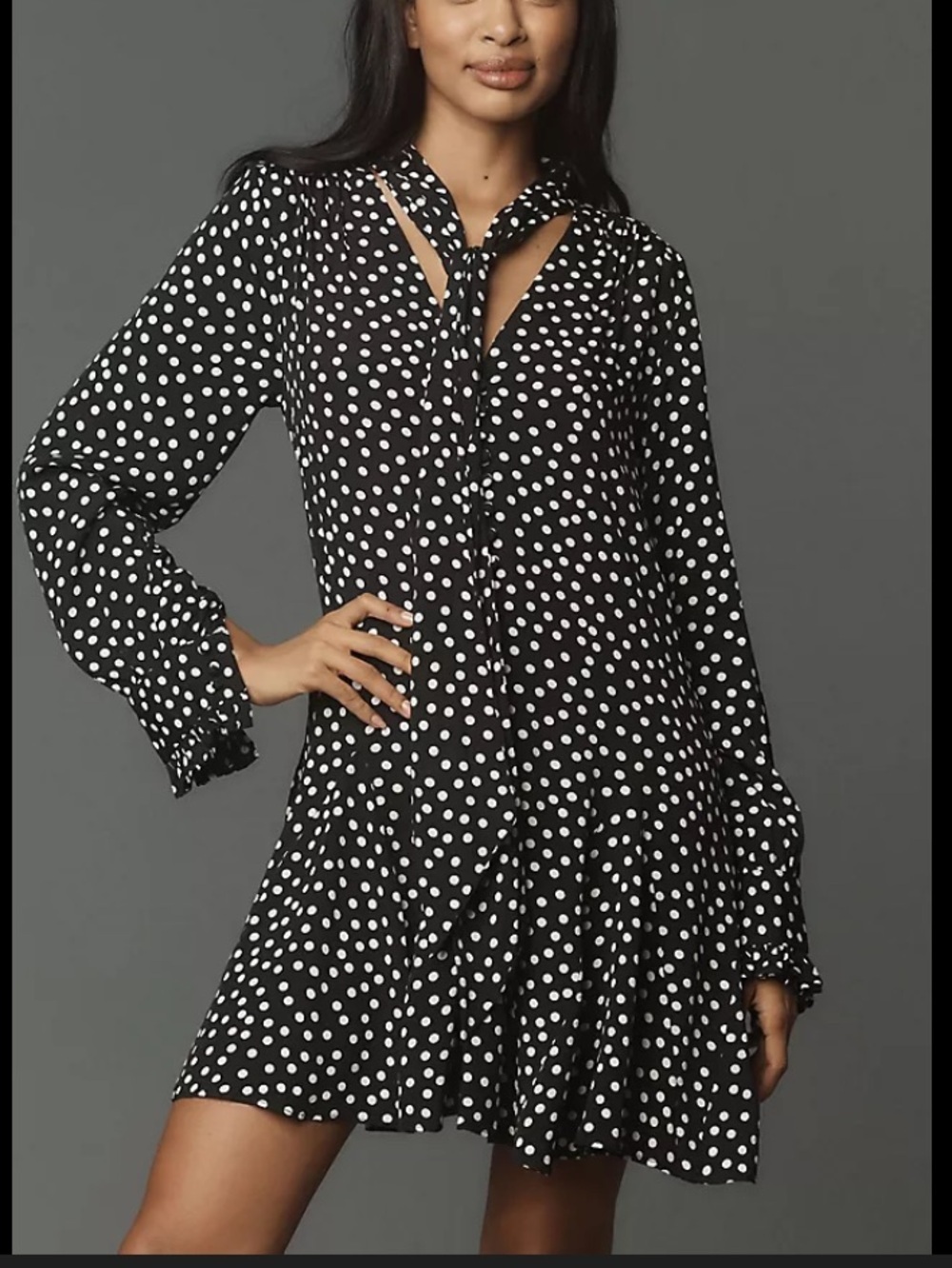 Anthropologie Polka Dot Tie Neck Mini Dress Black White Ruffle Size S Parisian